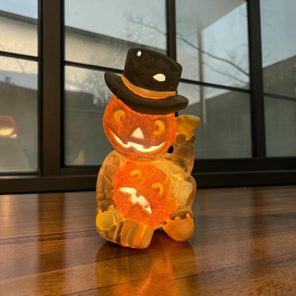 Vintage Brinn's Ceramic Halloween Night Light Scarecrow And Jack-O-Lantern 4026
